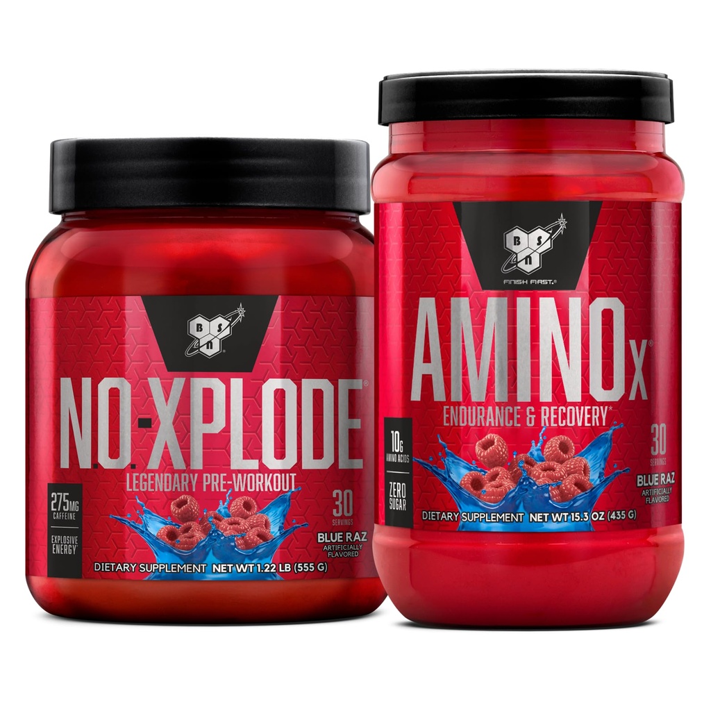 BSN Bundle προπόνησης του NO XPLODE προ προπόνηση σκόνη μπλε Raz, 30 εξυπηρετεί AMINO X μυϊκή αποκατάσταση Ενδο υποστήριξη προπόνησης, καφεΐνη δωρεάν μπλε Raz, 30 εξυπηρετεί