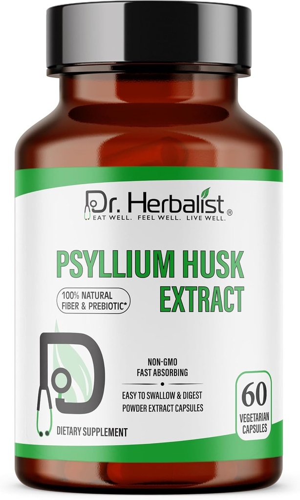 Dr. HERBALIST Psyllium Husk Extract 1000mg ανά υπηρεσία (Plantago Ovata Fiber Supplement)– 60 κάψουλες Veg – Γρήγορη Απορρόφηση, Απαλή στο στομάχι, Υποστήριξη Digestion & Daily Fiber.