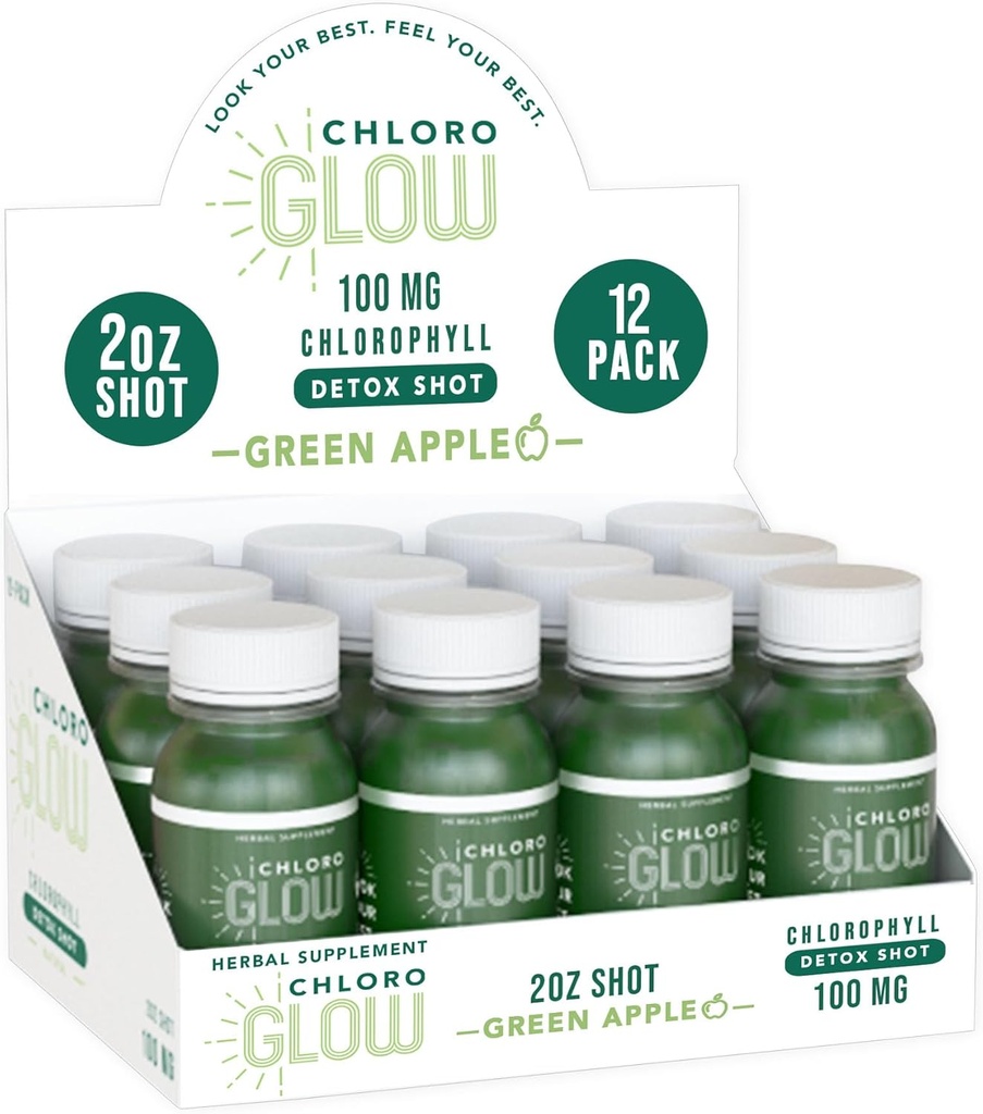 Chloroglow Chlorophyll Shots – Organik Plant-Based Green Apple Immune Support & Body Cleanse – Natural Supplement (12 Pack)