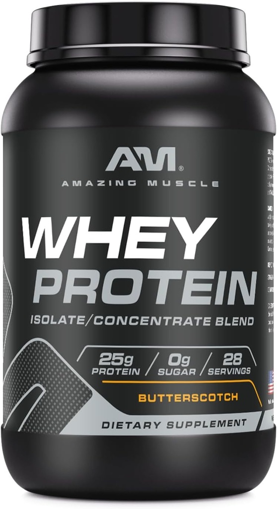Amazing Muscle Whey Protein Isolate & Temp Supplement | 25 G per Service | 2 LB (0.90 kg) | Non-GMO | Gluten-Free Butterscotch Flavor
