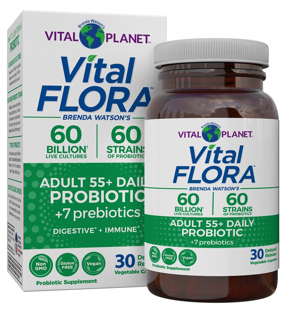 Vital Planet - Vital Flora Yetişkin 50 Günlük Probiyotik 60 Milyar CFU, 60 Diverse Strains, 7 Organik Prebiyotiks, Immune Support, Gas, Digestive Health Probiyotiks for Women and Men, 30 Capsules