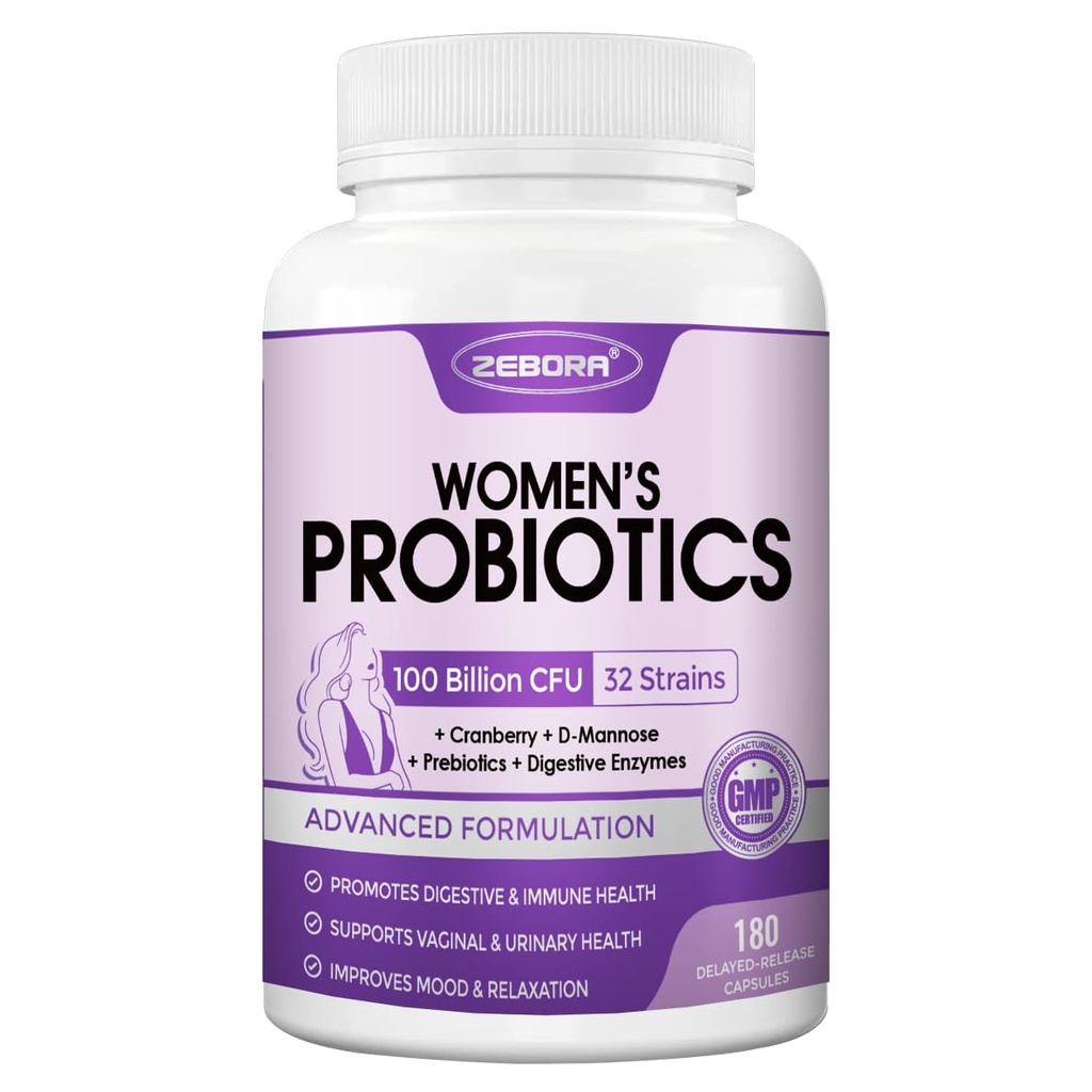ZEBORA Enzymes, Prebiyotiks, Vaginal Probiyotiks, D Mannose & Cranberry, 100 Milyar CFUs Probiyotik for Gut Health & Urinary Tract Balance, 180 Veggie Capsules