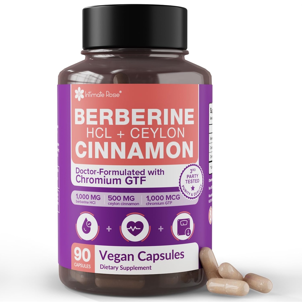 Intimate Rose Berberine Supplement with Ceylon Cinnamon & Chromium: 1500mg Max Potency for Metabolic Wellness, Immune System Support, 90 Capsules