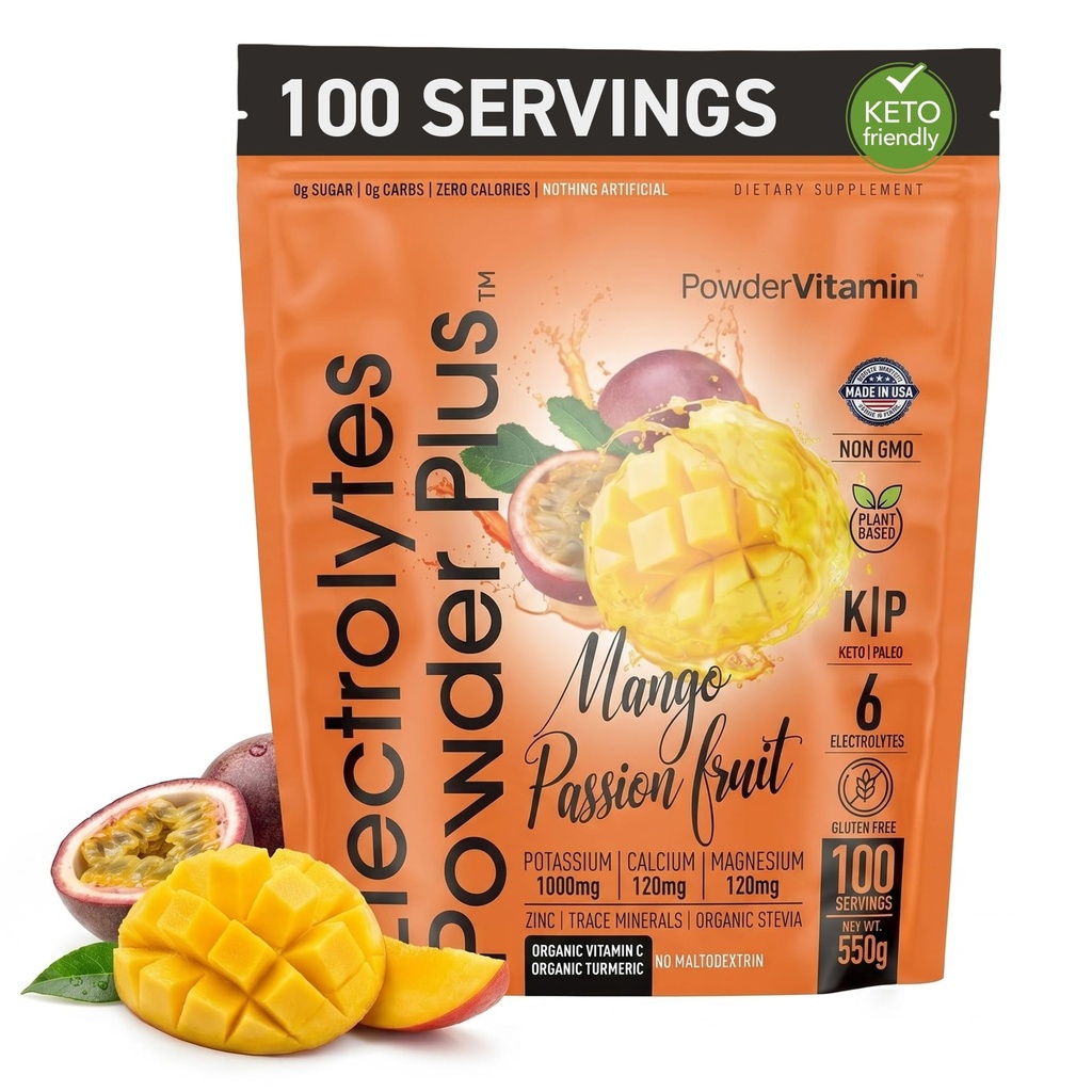 PowderVitamin Electrolytes Powder Plus (100 Servings) Mango Passionfruit Electrolyte Powder Zero Calorie Keto,0Sugar, No Maltodextrin,1000mg Potassium,120mg Calcium,120mg Magnesium, Hydration Powder