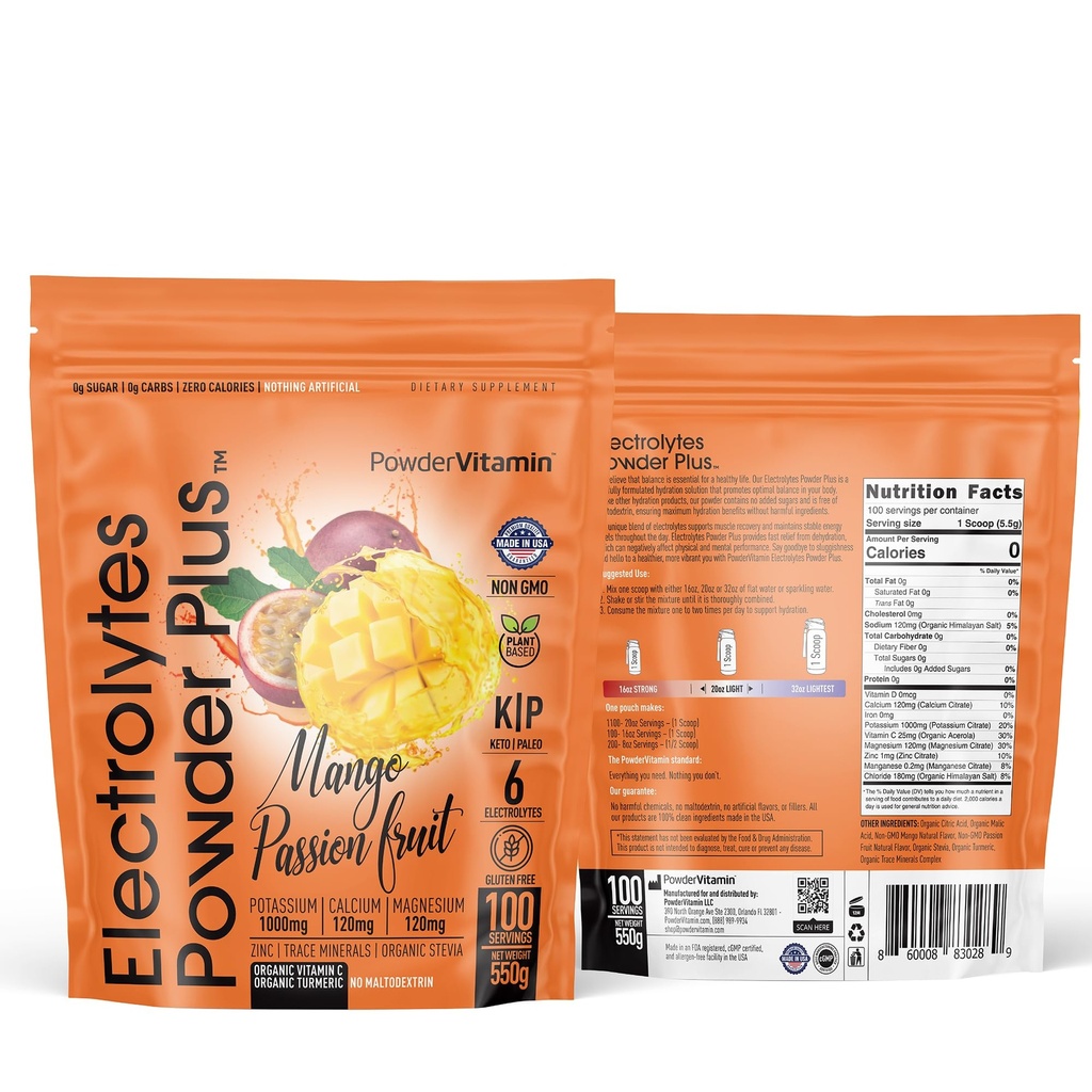 PowderVitamin Electrolytes Powder Plus (100 Servings) Mango Passionfruit Electrolyte Powder Zero Calorie Keto,0Sugar, No Maltodextrin,1000mg Potassium,120mg Calcium,120mg Magnesium, Hydration Powder