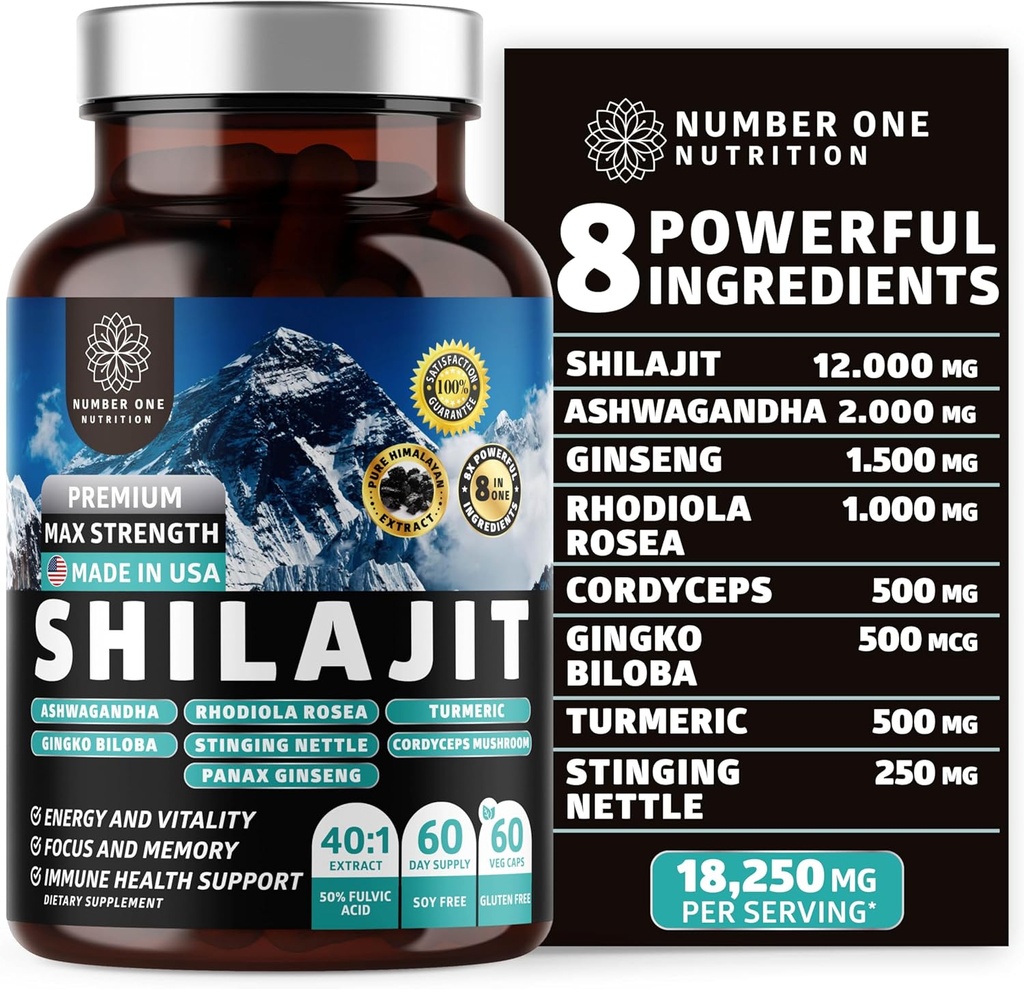 Pure Himalaya Shilajit for Women and Men [50% Fulvic Acid] Ashwagandha, BTC, Turmeric, Gingko Biloba, Sting Nettle, Cordyceps to Support Energy & Immunity, 60Caps