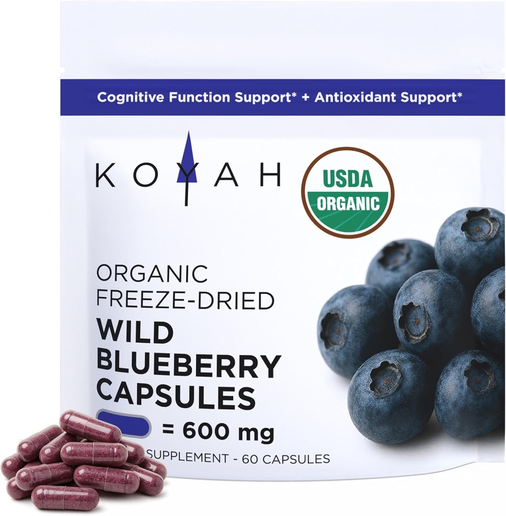 KOYAH Οργανικές κάψουλες Wild Blueberry – Παγωμένα Ολόκληρα Φρούτα – 600 mg (3.960 mg Fresh) – Ποικιλία Lowbush (Vaccinium angustifolium) - Γνωστική Λειτουργία & Αντιοξειδωτική Υποστήριξη - 60 Κάψουλες