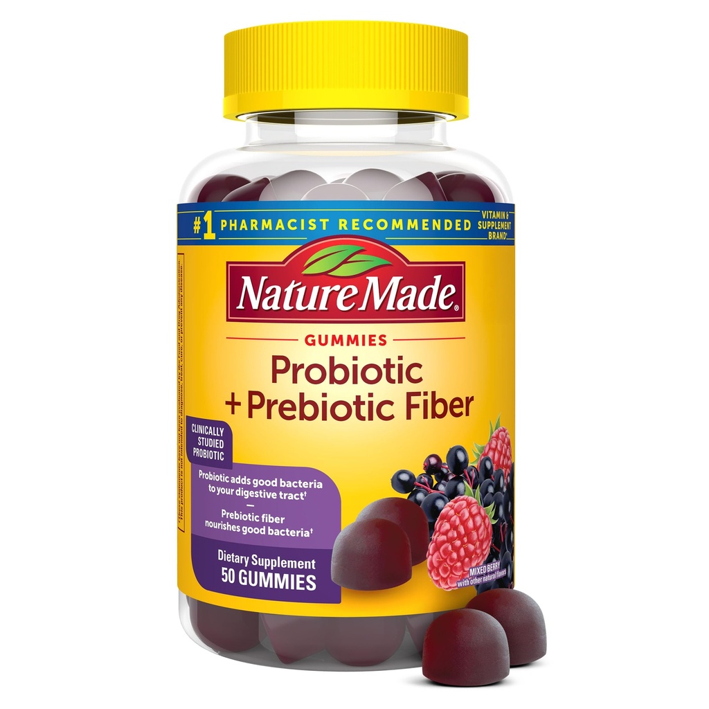 Nature Made Probiyotik + Prebiyotik Fiber Gummies for Daily Gut Health, Fiber Supplement with Probiyotiks for Digestive Health Support, 50 Gummies, 25 Day Supply