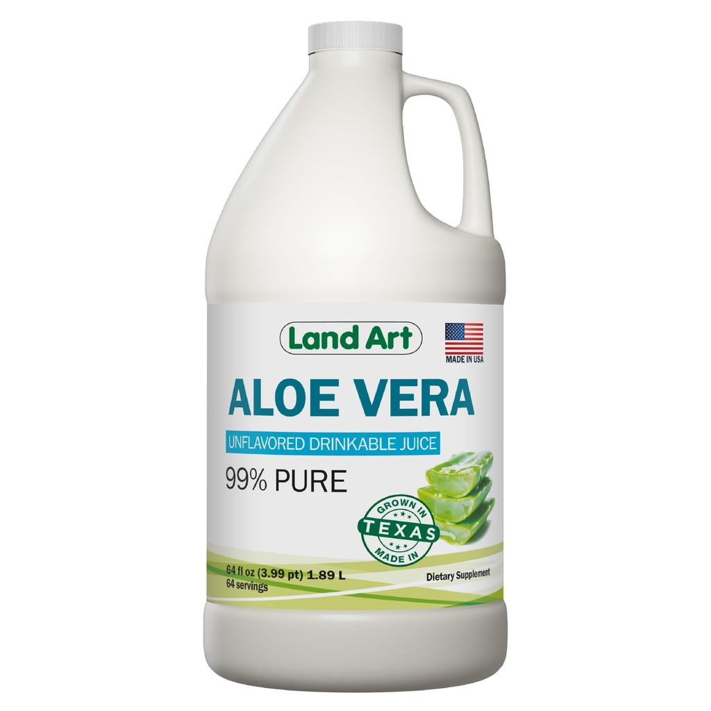 Land Art - Pure Aloe Vera Juice Unflavored – Cold-Processed - 99.7% Organik Aloe Vera İç Taze Texas Leaves - Digestive Health, Detox ve Natural Wellness - 64 fl ozzz