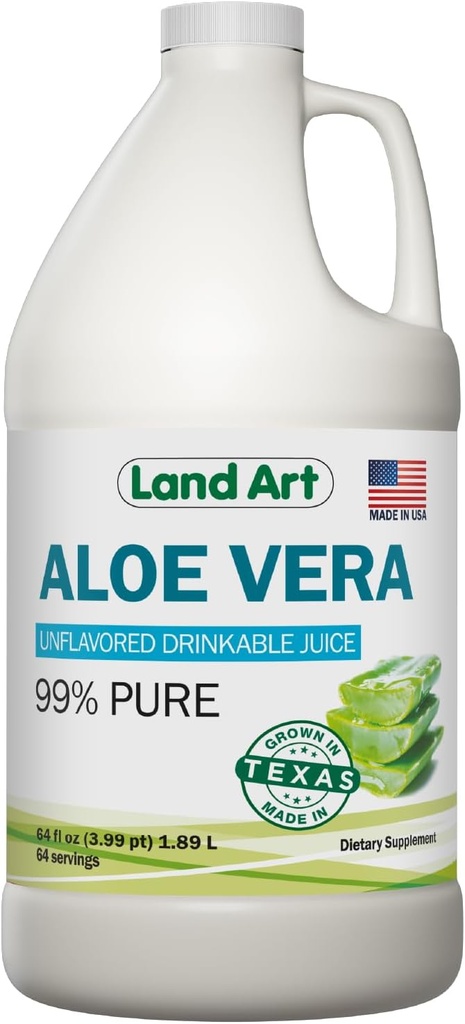Land Art - Pure Aloe Vera Juice Unflavored – Cold-Processed - 99.7% Organik Aloe Vera İç Taze Texas Leaves - Digestive Health, Detox ve Natural Wellness - 64 fl ozzz
