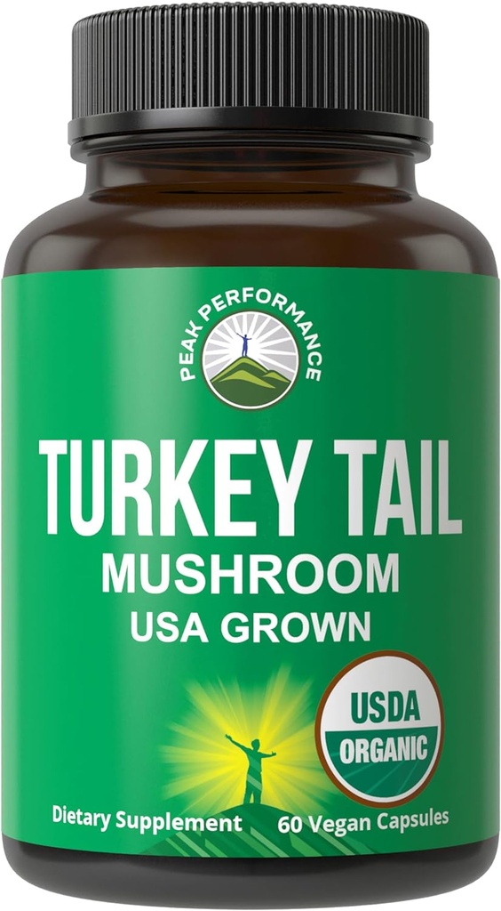 Peak Performance Organic Turkey Tail Capsules - USA Grown Real Turkey Tail Mushroom ile yapıldı. Immune System Support Natural Harvested Mushroom Supplements for Immunity. Vegan Supplement Extract