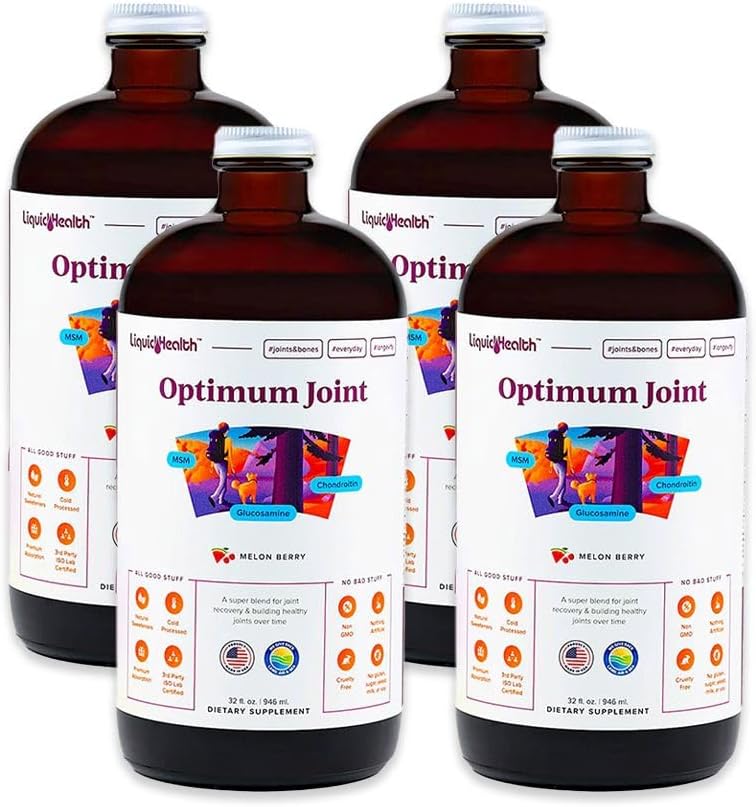 LIQUIDHEALTH Optimum Ortak Destek Sıvı Multivitamin ile Glucosamine, Chondroitin, MSM, Hyaluronik Asit - Hareketliliği artırmak, Ortak Konsiyonlar ve sporcular için - ABD'de Made (4 Pack)