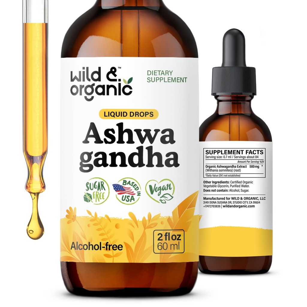 Wild & Organic Ashwagandha Liquid Drops - Calming Ashwagandha Root Extract for Relaxation - 1-Month Supply - Herbal Supplements for Women and Men - Vegan, Sugar & Alkol-Free Tincture - 2 fl oz