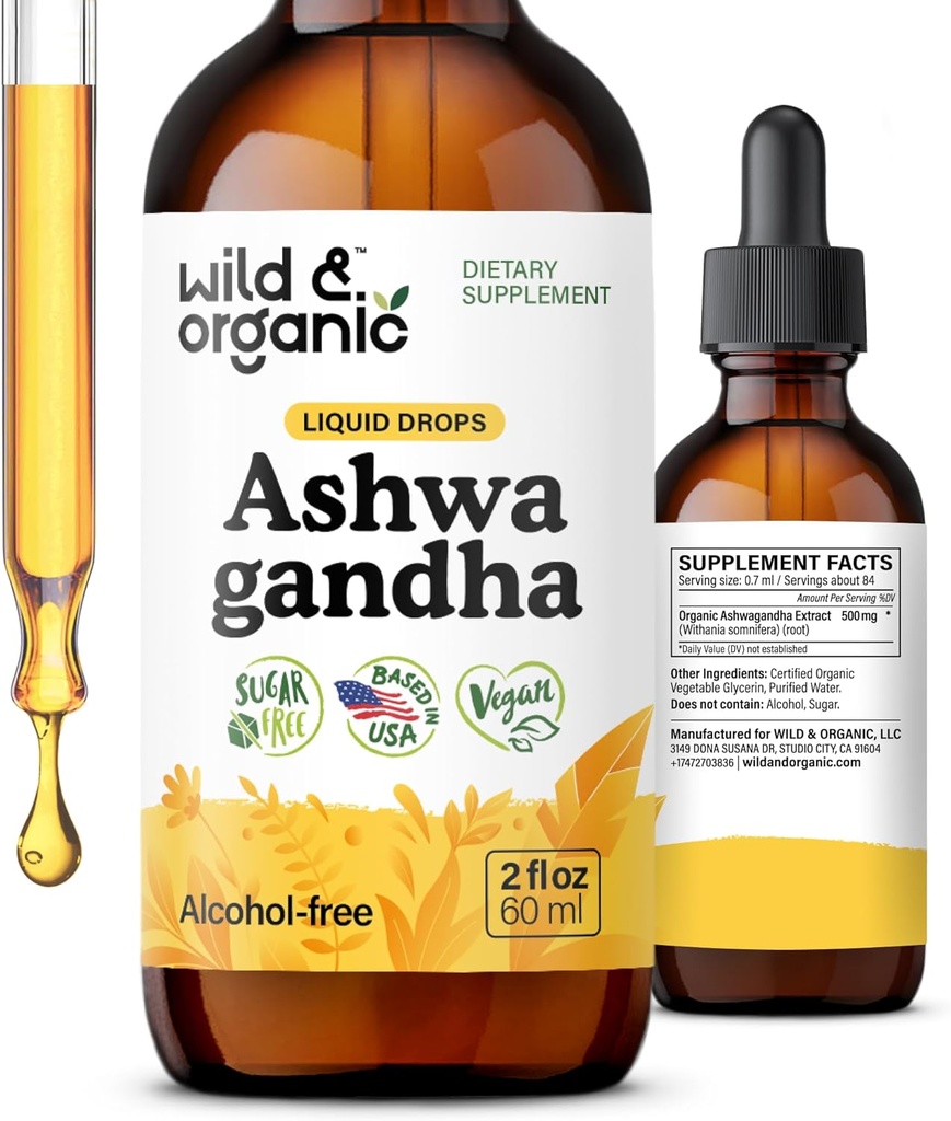 Wild & Organic Ashwagandha Liquid Drops - Calming Ashwagandha Root Extract for Relaxation - 1-Month Supply - Herbal Supplements for Women and Men - Vegan, Sugar & Alkol-Free Tincture - 2 fl oz