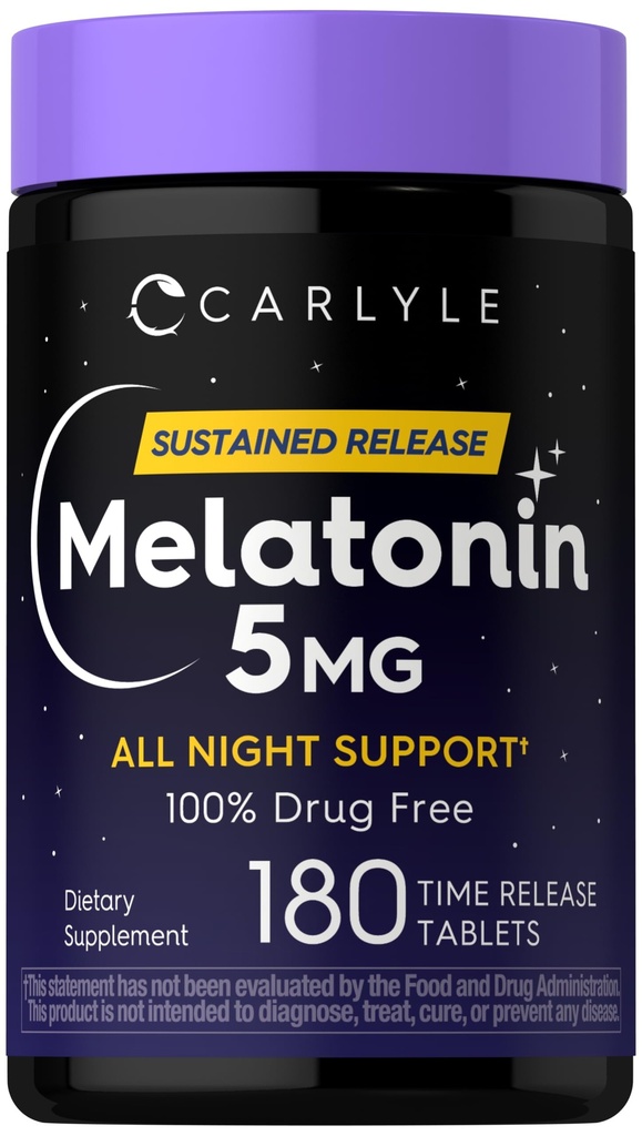 Carlyle Melatonin 5 mg | 180 Sustained Release Tabletler | Bütün Gece Desteği Tamam | Vegan, Non-GMO, Gluten Free Formula