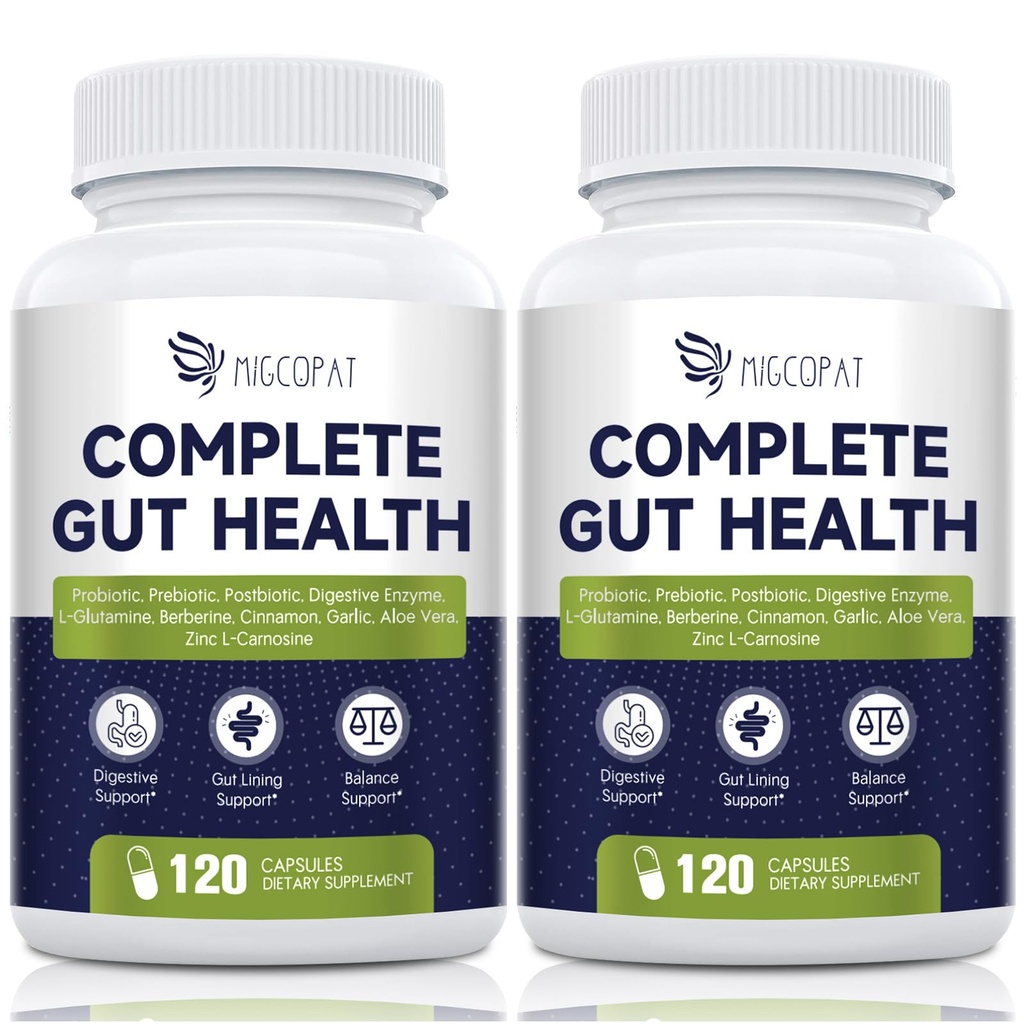 Migcopat Probiotics for Digestive Health, 80 Billion CFU Probiotics, Prebiotics, Postbiotics & Digestive Enzymes, Gut Health Capsules with Berberine, Cinnamon, L-Glutamine, for Men & Women, 240 Counts