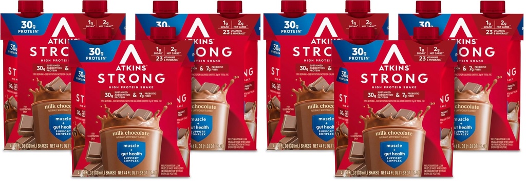 Atkins Strong High Protein Shake, Milk Chocolate, 30g Protein, 7g Prebiotic Fiber, Muscle & Gut Health Support Complex (Pack of 24)