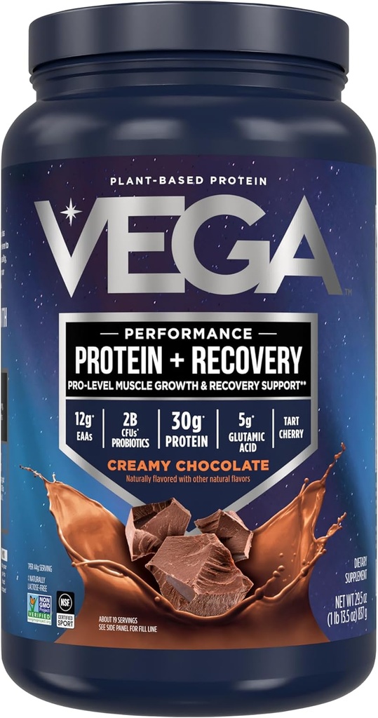 Vega Sport Vegan Protein Toz + Recovery - 30g Plant bazlı proteinler, Çikolata, 19 Hizmet, 5g BCAAs, Probiyotikler, NSF sertifikalı, Shakes & Smoothies, 1.8lbs (Pazarlama)