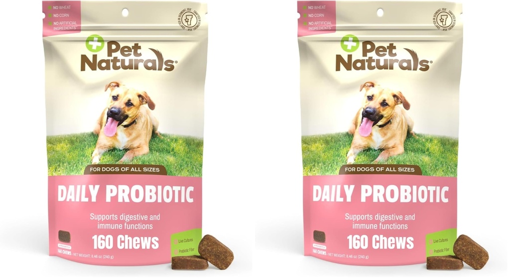 Pet Naturals Daily Probiotic for Dogs,Duck Flavor,160 Chews - 120M CFUs Pre and Probiotics for Dogs Digestive Health,Gut Health,Immune Support,Diarrhea,Allergies and Itching,(Pack of 2)