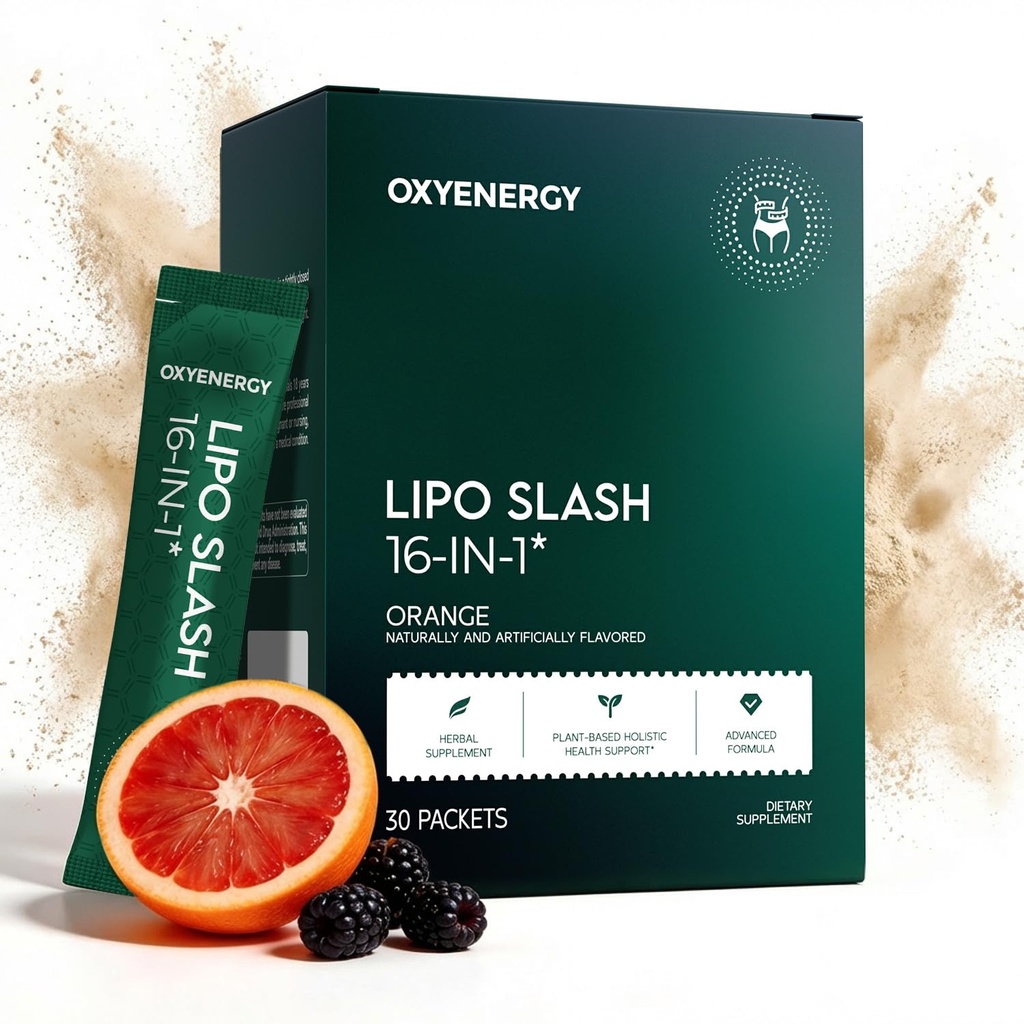 OxyEnergy LIPO Slash 16-σε-1 συμπλήρωμα απώλειας φυσικού βάρους για γυναίκες και άνδρες, υποστηρίζει την υγεία των ούλων, GLP-1 Ενεργοποίηση & διαχείριση βάρους, Vegan, χωρίς γλουτένη, μη GMO, 30 συσκευασίες, πορτοκαλί γεύση