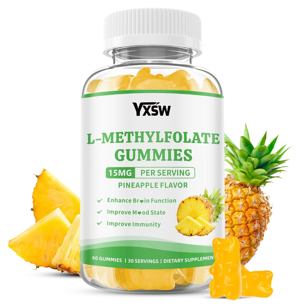 L-Methylfolate Gummies 15mg, Methylfolate Supplement, Folate Supplement for Support Mood, Brain Health, Immune System, Sugar Free, Pineapple Flavor, 60 Count
