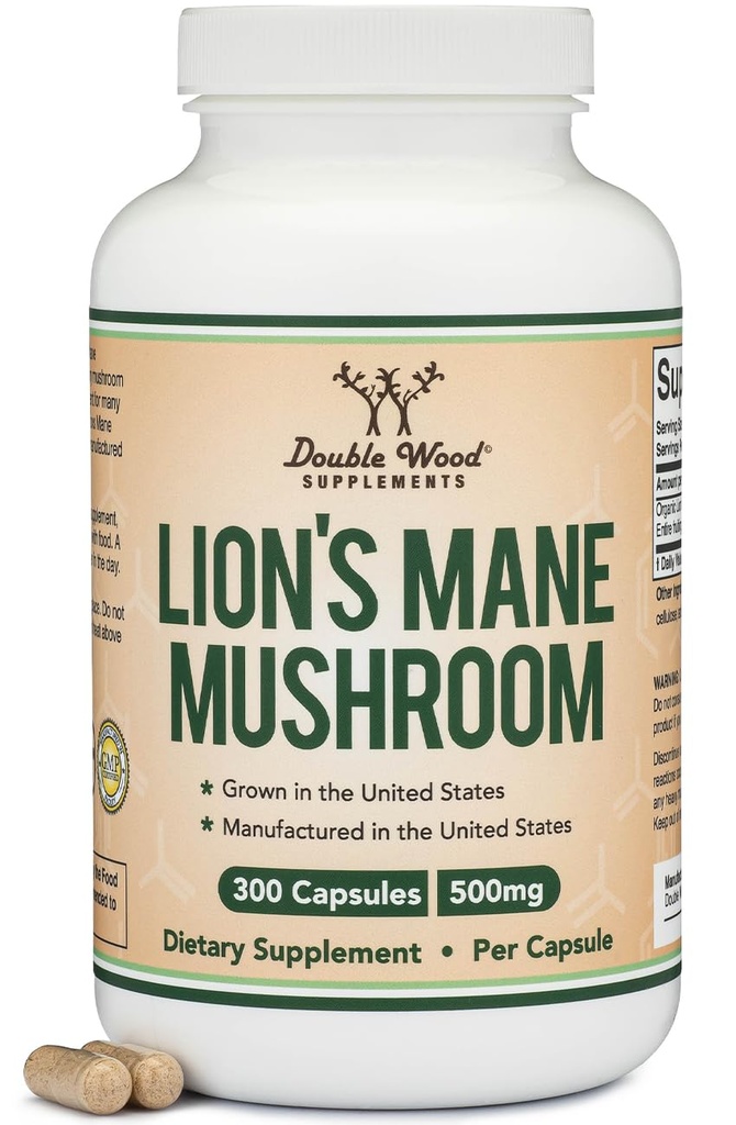 Organic Lions Mane Mushroom Capsules (300 Count), for Focus Support and Immune Health, Third Party Tested and Grown in The USA - by Double Wood