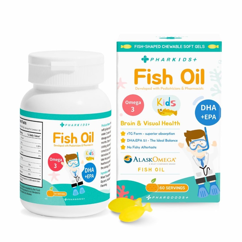 Kids' Fish Oil – 272mg Omega-3 DHA & EPA for Brain, Vision & Immune Support – Orange Flavor Fish-Shaped Soft Gels – 60 Servings
