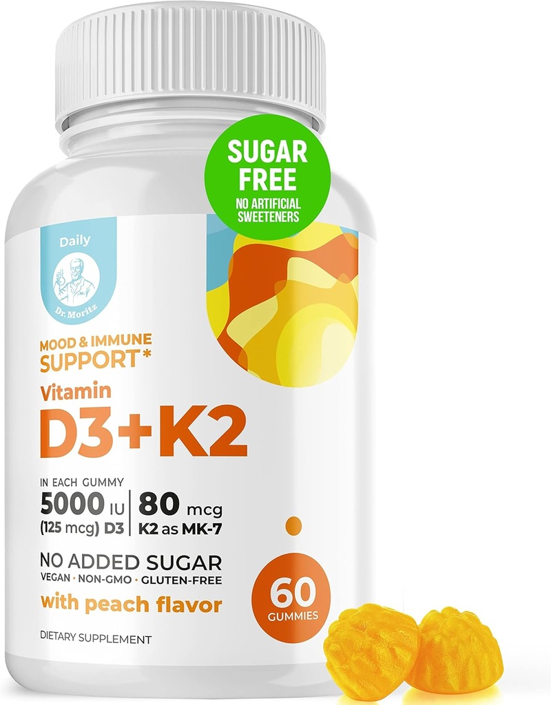 DR. MORITZ Vitamin D3 Gummies (5000 IU) ile K2 - Yetişkinler ve Çocuklar için - Immune Support & Bone Health - Vegan, Sugar Free, Gluten Free (60 Kont)