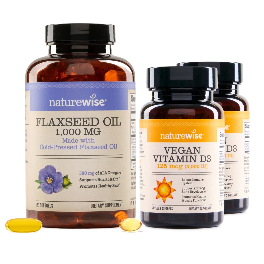 NatureWise [1] Flaxseed Oil 1000mg - Organic, Cold Pressed - 120 Softgels[120-Day Supply] + (Pack of 2) Vegan Vitamin D3 5000iu + Organic Olive Oil - 60 Mini Softgels[60-Day Supply]