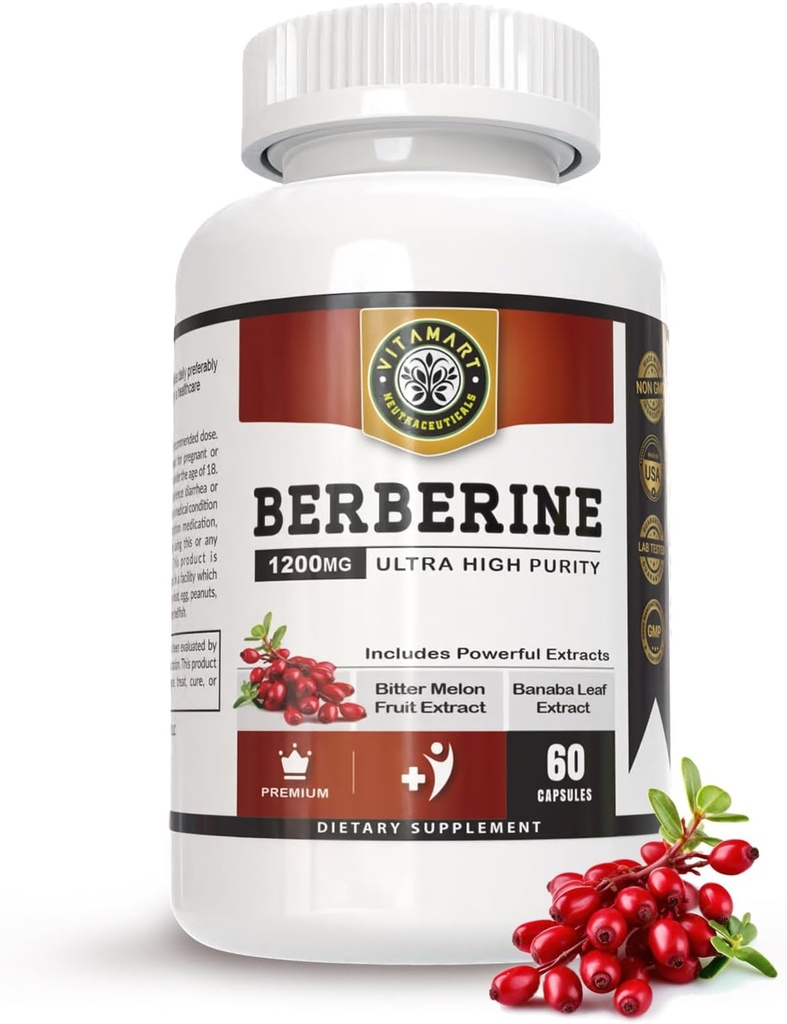 Berberine HCL 1200 mg Premium, Ultra Yüksek Yükseklik, Pure 60 Capsules - Berberine Supplement, Supports Immune System, Berberine Plus Bitter Melon Fruit & Banaba Leaf Ekstraksiyonu ile Geliştirildi