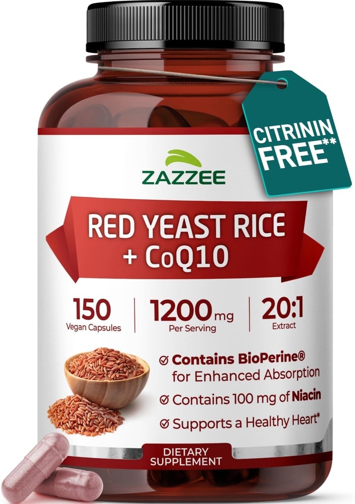 CoQ10 ile Ekstra Kuvvetli Red Yeast Rice - 20X Yoğun 1200 mg Red Yeast Rice Supplement ile Niacin CoQ 10 ve BioPerine ile Geliştirilmiş Abors - Non-GMO Vegan & ISO Lab Tested (75 Hizmet)