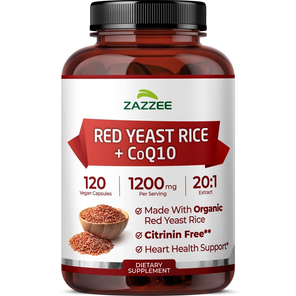 Zazzee Organic Red Yeast Rice 20:1 Extract with CoQ10, Citrinin-Free, 1200 mg per Serving, 80 mg CoQ10, 120 Vegan Capsules, Healthy Heart & Cardiovascular Support, Non-GMO, Made in the USA
