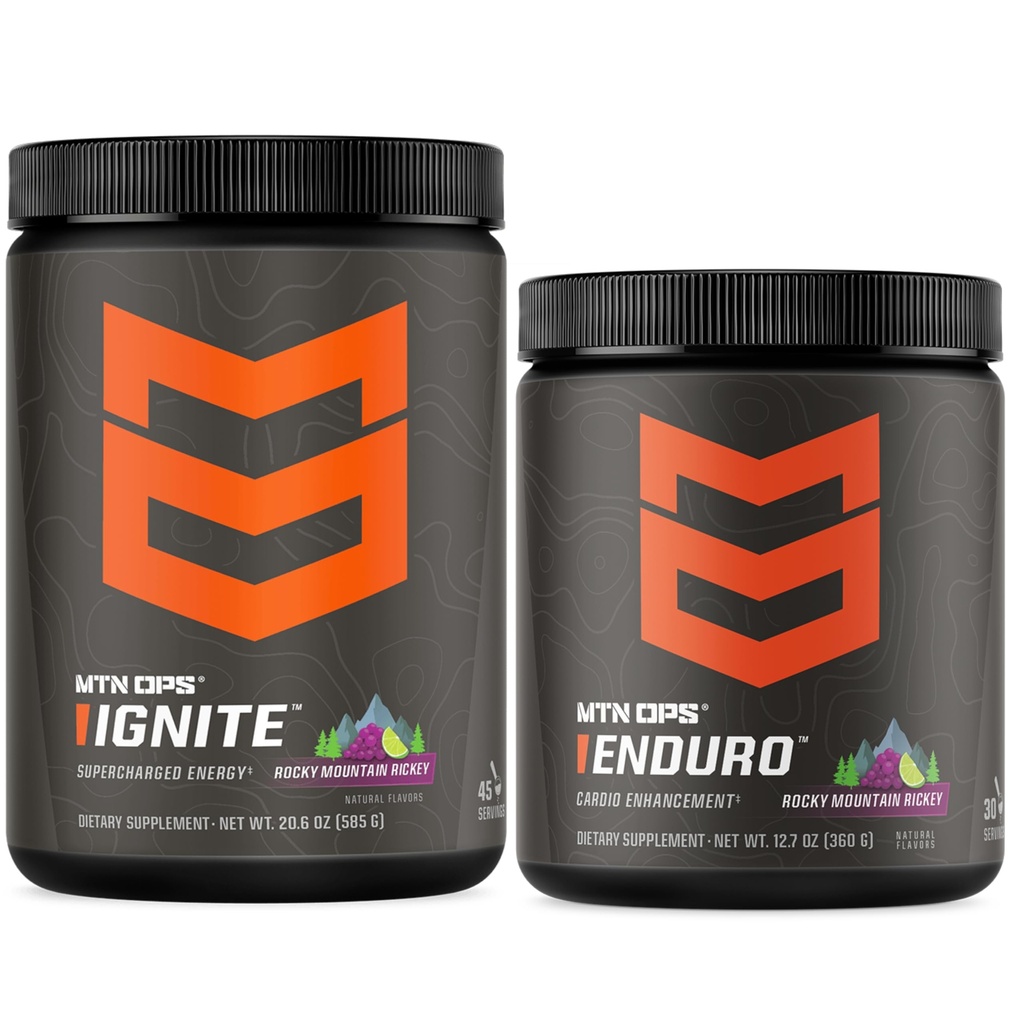 MTN OPS Ignite + Enduro Rocky Mountain Rickey Bundle, 45-Serving Energy Powder + Nitric Oxide Endurance Stack, 200mg Caffeine Pre Workout + Stimulant-Free Performance