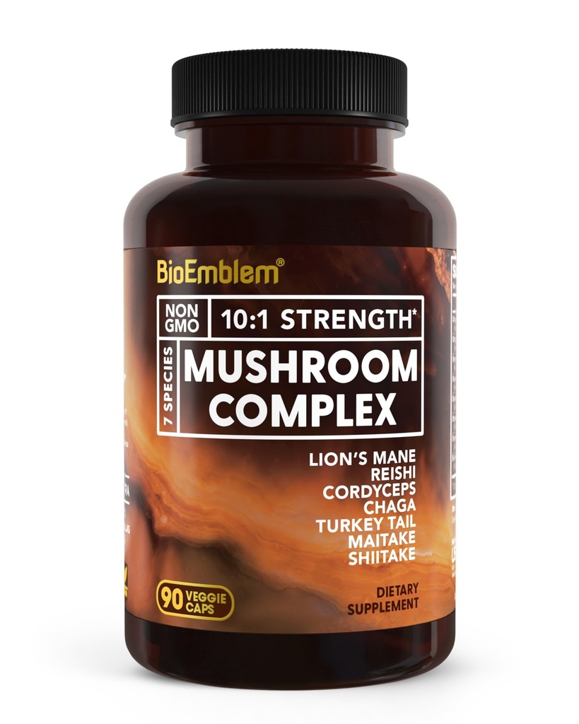 BioEmblem Mushroom Complex - 10:1 Δύναμη και 7 είδη - Lions Mane, Reishi, Cordyceps, Chaga, Maitake, Shiitake Mushroom Συμπλήρωμα - Ανοσία, Ενέργεια & Εστίαση, Εγκέφαλος - Μη ΓΤΟ, Vegan - 90 Caps