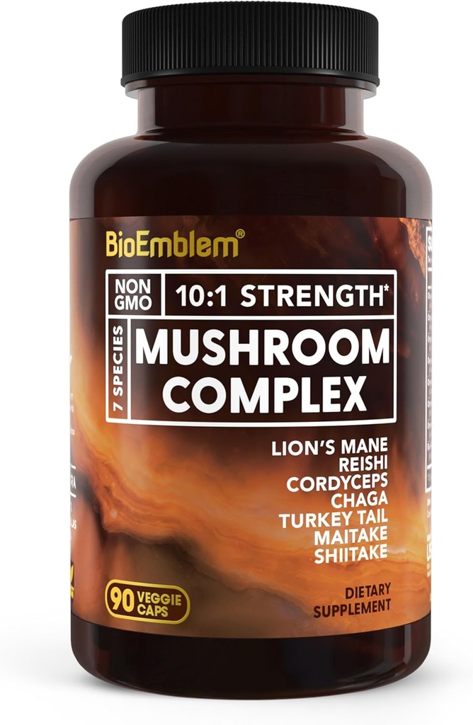 BioEmblem Mushroom Kompleksi - 10:1 Güçlü ve 7 Tür - Lions Mane, Reishi, Cordyceps, Chaga, Maitake, Shiitake Mushroom Supplement - Immunity, Energy & Focus, Brain - Non-GMO, Vegan - 90 Caps