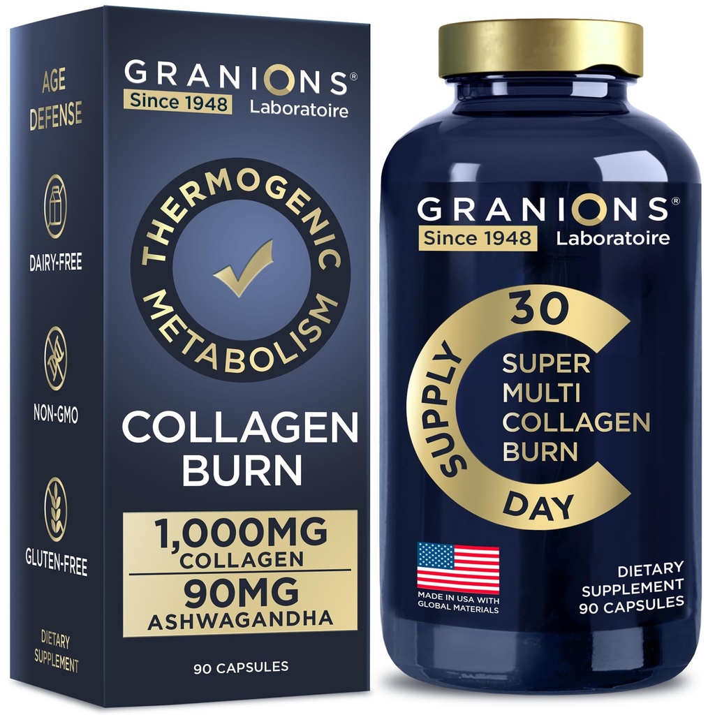 Granions Thermogenic Hydrolyzed Collagen Burn - Hyaluronic Asit, C vitamini - Hücresel Savunma ve Dermal Onarım Kadınlar ve Erkekler için Çok Kollar - 90 Pills