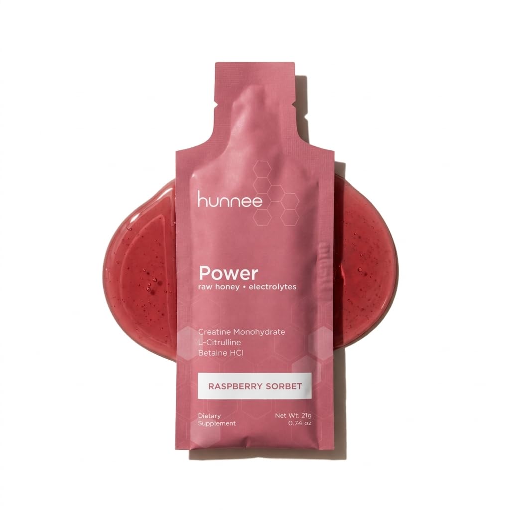 Hunnee Power | Creatine Gel with Raw Energy Honey, L-Citrulline & Betaine HCl | Organic Honey Energy Gel with Electrolytes | Gluten-Free, Non-GMO | Raspberry Sorbet | Energy Booster | 21g (14 Sachets)