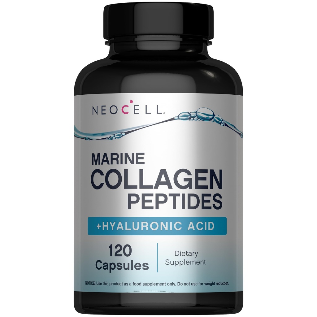 NeoCell Marine Collagen Peptides Capsules | 120 Pills | with Hyaluronic Acid | Plus Vitamin C | for Women and Men