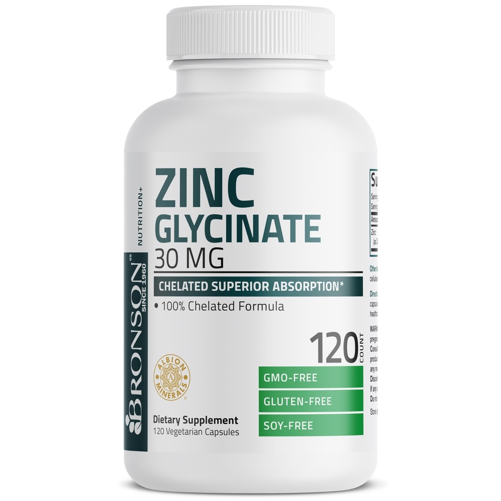 Bronson Zinc Glycinate 30mg Chelated Superior Absorption 100% Chelated Formula Non-GMO, 120 Vegetarian Capsules