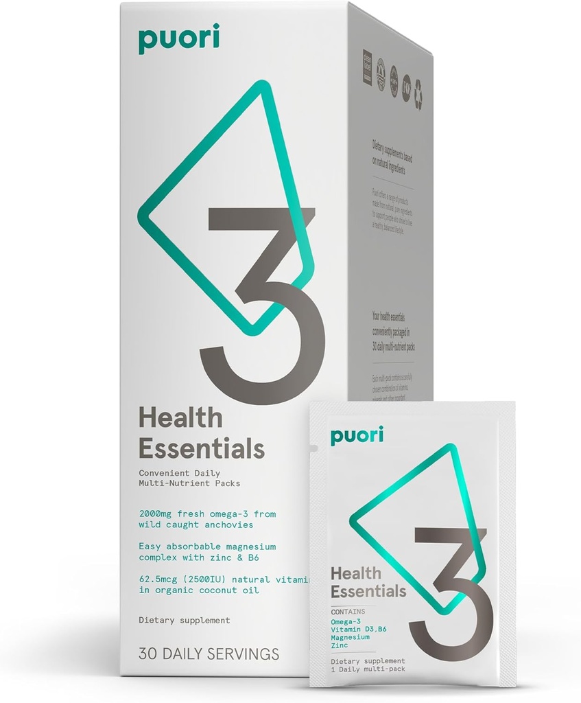 Puori P3 Health Essentials - Πολυβιταμίνες για άνδρες και γυναίκες - 30 Σερβιέτες - Ωμέγα 3, Βιταμίνη D, Μαγνήσιο, Ψευδάργυρος - Multi-Nutrient για εγκεφάλους και ενέργεια