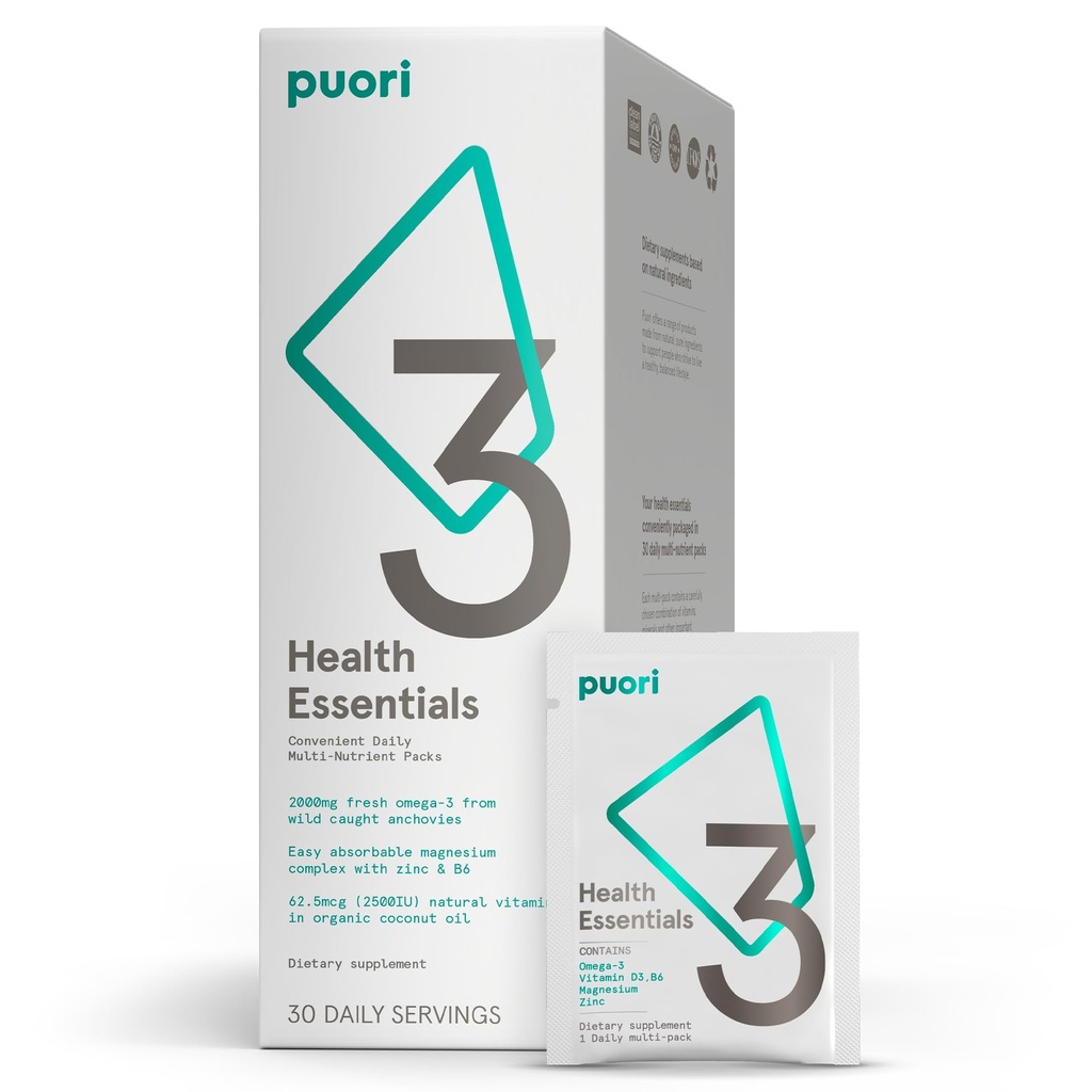 Puori P3 Health Essentials - Erkekler ve Kadınlar için Çokvitaminler - 30 Hizmet - Omega 3, Vitamin D, Magnezyum, çinko - Beyinler ve Enerji için Multi-Nutrient