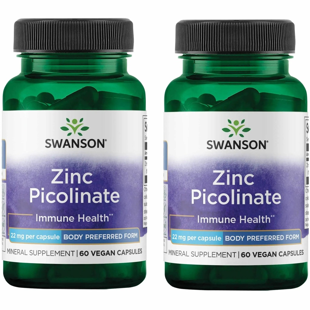 Swanson Zinc Picolinate Chelated Mineral Supplement for Adults Seeking Immune, Vision, and Prostate Support - Body-Preferred Form - 22 mg (60 Vegan Capsules, 2 Pack)