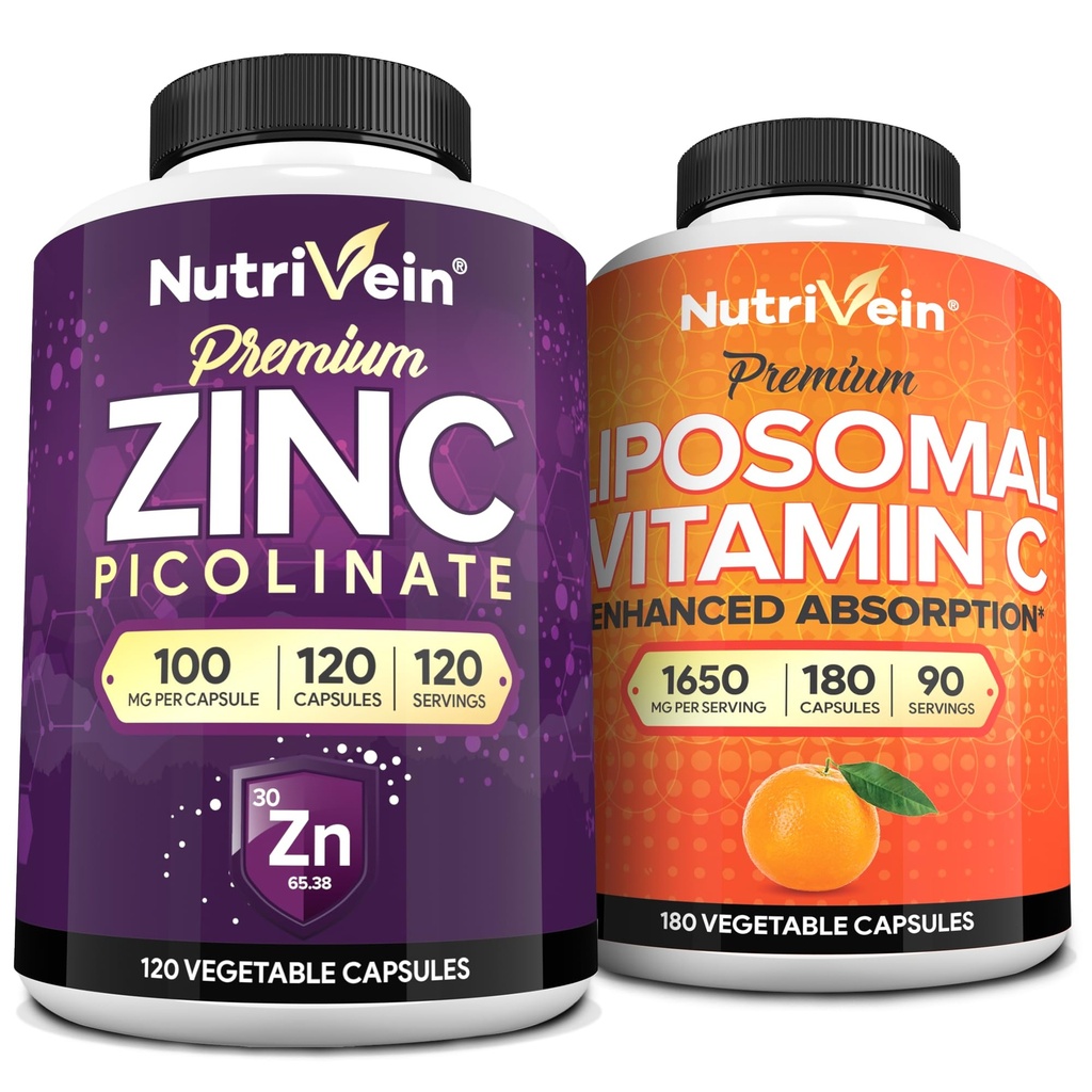 Nutrivein Premium Zinc Picolinate & Liposomal Vitamin C Supplement Bundle: High-Absorption Vitamin C Capsules & Zinc Supplements Defense and Vitality Bundle
