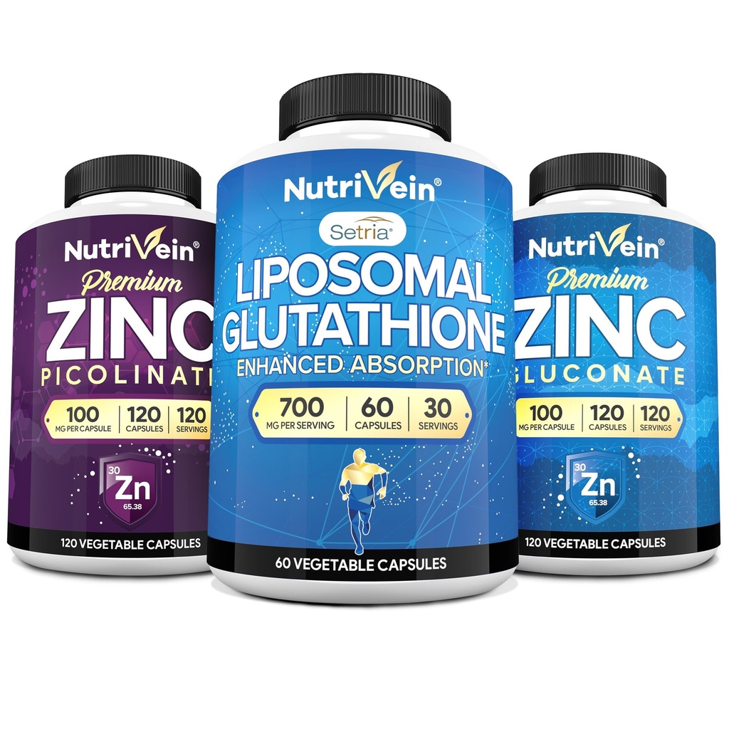 Nutrivein Premium Zinc Picolinate, Zinc Gluconate, & Liposomal Glutathione Supplement Bundle: Glutathione Liposomal Supplement & Zinc Supplements for Men & Women - Immunity, Digestion, Detox, & Repair