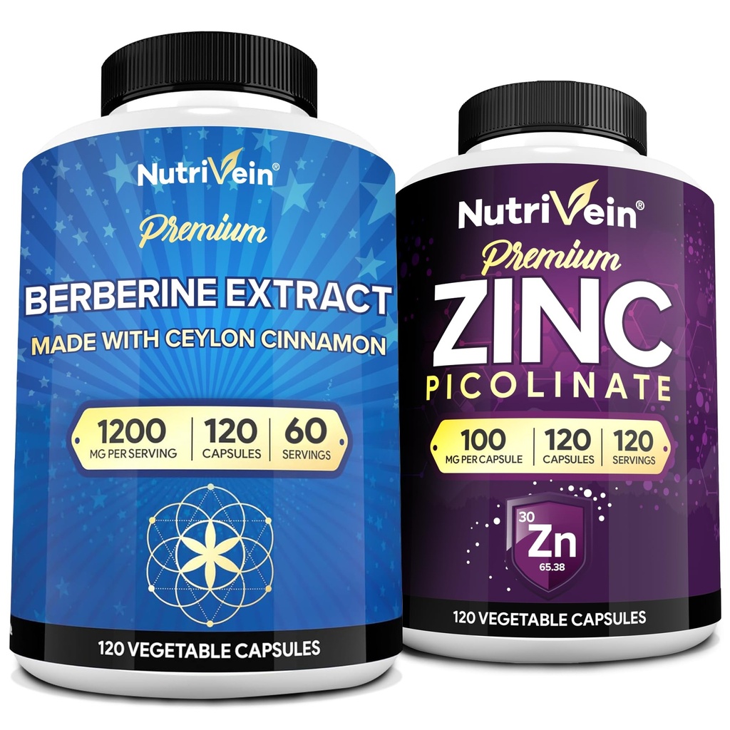 Nutrivein Premium Zinc Picolinate & Berberine Supplement Bundle: High-Absorption Berberine & Zinc Supplements Defense, Digestion, and Vitality Bundle