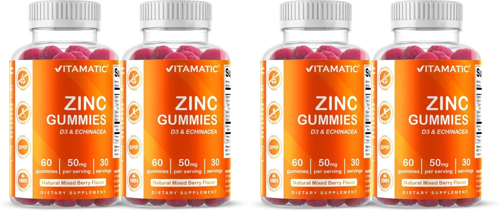 Vitamatic Zinc 50mg Gummies – 60 Vegan Gummies – Gluten-Free – 4 Pack