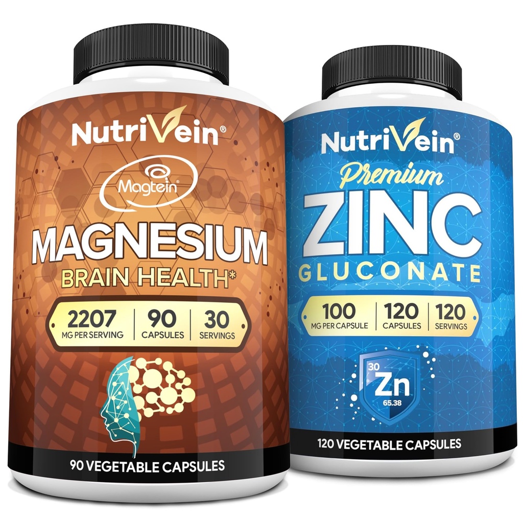 Nutrivein Premium Magnesium L-Threonate & Zinc Gluconate Supplements Bundle: High Absorption Zinc Gluconate + Magnesium Threonate Supplement Pair for Whole-Body Wellness, Defenses, & Balance