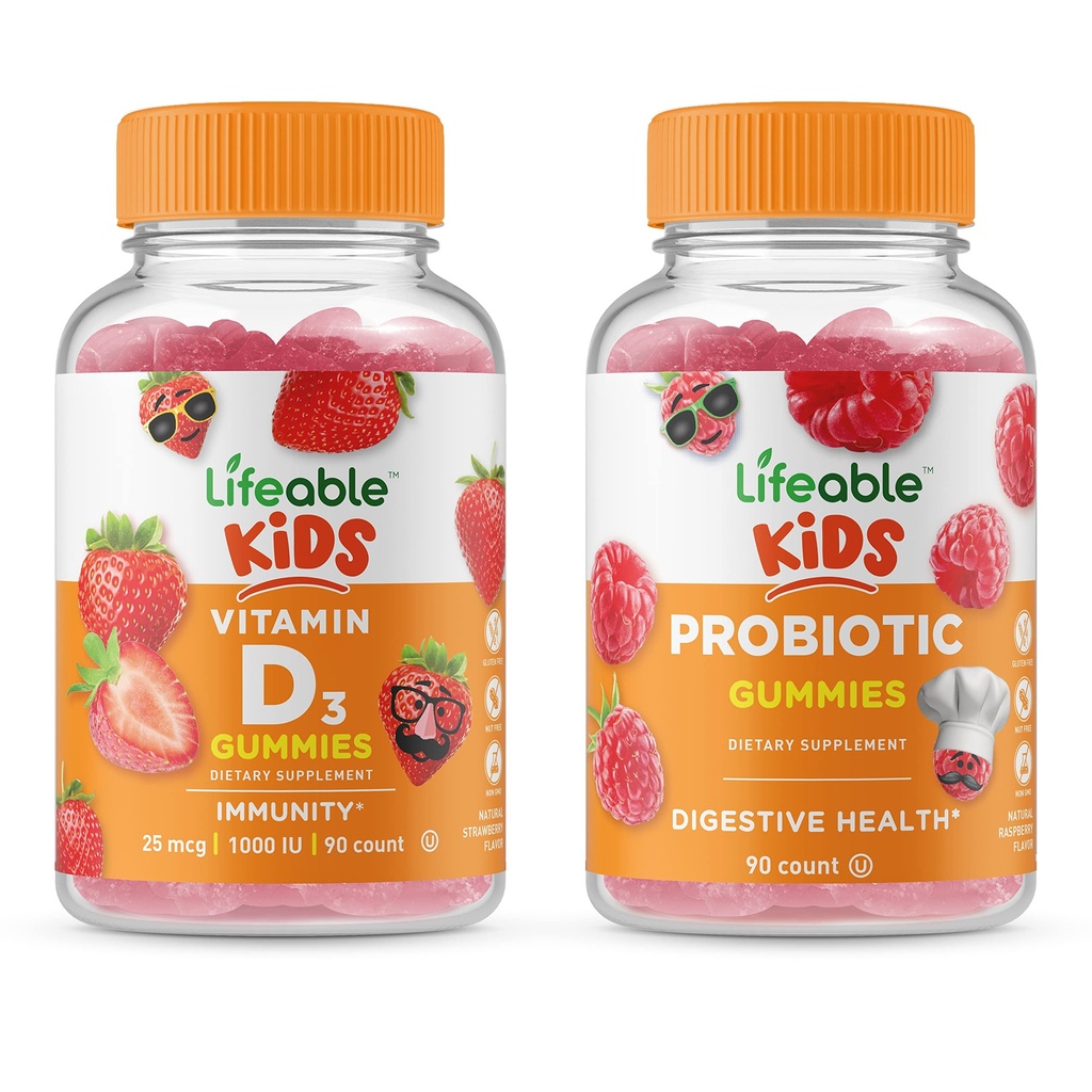 Lifeable Probiyotik 2 Milyar CFU Kids + Vitamin D Çocuklar, Gummies Sche - Great Tasting, Vitamin Supplement, Gluten Free, GMO Free, Chewable Gummy