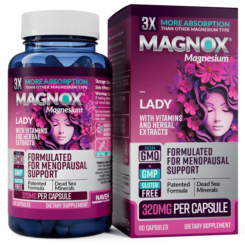 MAGNOX Lady Magnezyum Supplement | Menopause and PMS Support Supplement for Women | Kompleks Magnezyum with Vitamins B6, B1, B12, D, çinko | High-Abions Dead Sea Organic | 60 Capsules