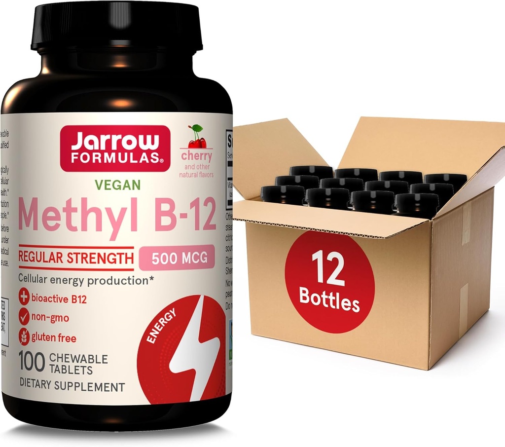 Jarrow Formulas Regular Strength Me-12 50006, Hücre Enerji Üretimi ve Beyin Sağlığı Desteği için Diyetsel Tamam, 100 Cherry-Flavored Chewable Tablet, 100 Day Supply, 12 Paket